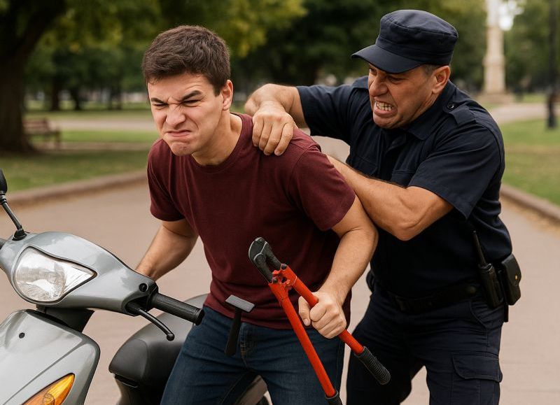 En Plaza Islas Malvinas cayó un joven con una yuga y una tijera corta candados: investigan si buscaba robar una moto